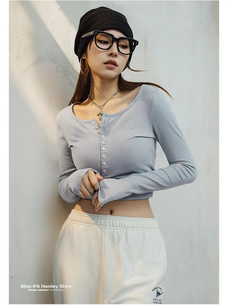 Maden Women’s Slim Fit Henley Shirt Ribbed Knit Long Sleeve T-shirt O-Neck Layering Top Solid Color Autumn Winter Inner Wear