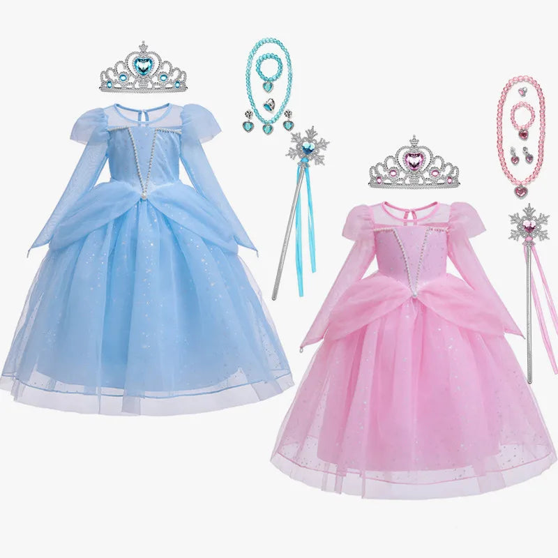 Elsa Cosplay Costume Kids Layers Deluxe Ball Gown Princess Dresses Aurora Christmas Wedding Evening Dress Girls Princess Dresses