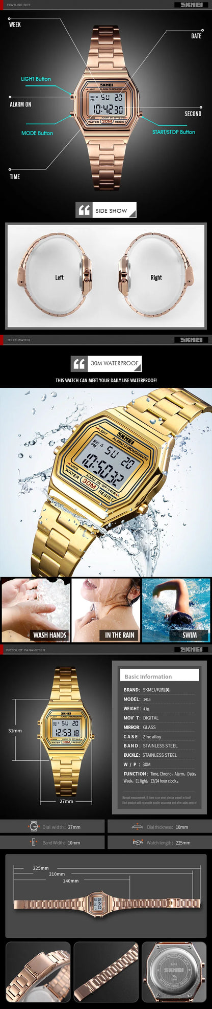 SKMEI 1415 Luxury Retro Digital Sports Watch for Women Stainless Steel Electron Waterproof Wristwatches Girl Clock Reloj Hombre