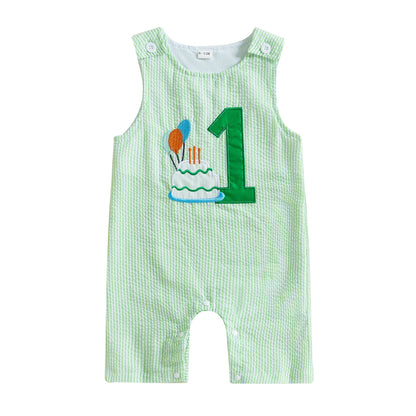FOCUSNORM 3 Colors 0-18M Lovely Baby Boys Overalls Romper Sleeveless Letter Embroidery Cake Striped Birthday Jumpsuits