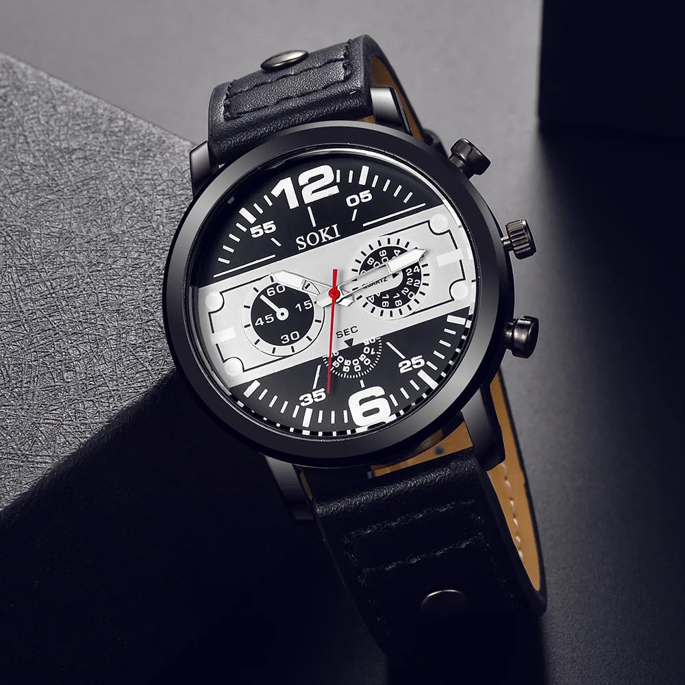 Sleek Men’s Watch Chic Brown Leather Band Quartz Watch Modern Black White Orange Three Eye Contrast Color Chronograph Wristwatch