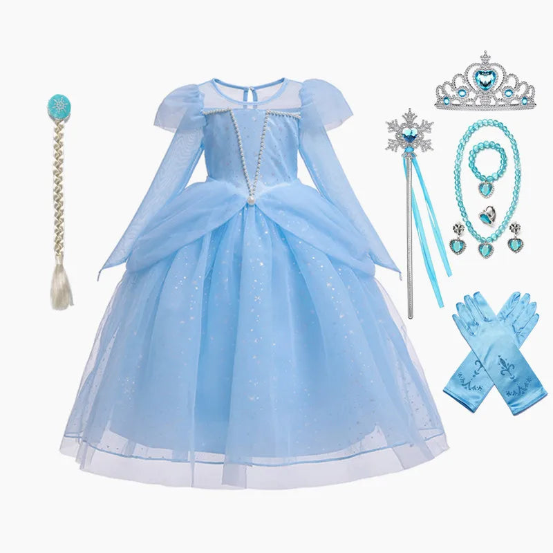 Elsa Cosplay Costume Kids Layers Deluxe Ball Gown Princess Dresses Aurora Christmas Wedding Evening Dress Girls Princess Dresses