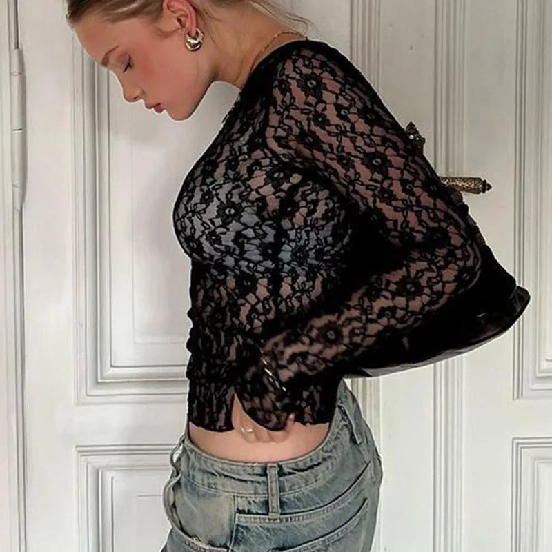Women's Long Sleeve See through Lace Crop Top Sexy Bodycon T-Shirt Solid Color Party Clubwear for Autumn Winter