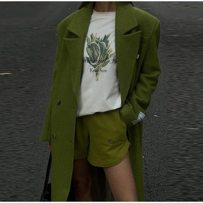 Women Olive Green Oversized Coat Notched Lapel Double Breasted Straight Outerwear Vintage Fall Winter Daily 2026 Office Outfit