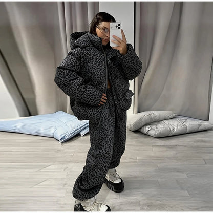 Street Striped Women's Cotton Coat Trouser Suits Hooded Zippers  Autumn Winter Thicken Lady Set 2026 Chic Female Outfits