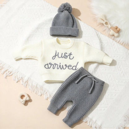 Ylsteed 3 Pcs Set Knitting Newborn Boy Photography Clothes "Just Arrived" Embroidery Khaki Baby Outfits Sweater Baby Shower Gift