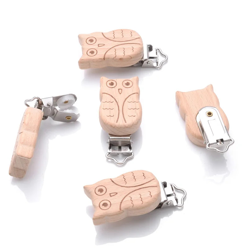 1Pcs Printing Animal Dummy Clip Beech Wood Nipple Clip For Teether Chewing Toys Accessory DIY Anti-Drop Baby Pacifier Chain