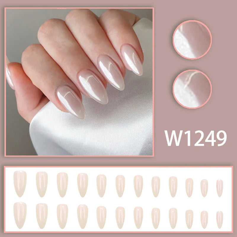 Blue French 24 Pcs Press on Nails Pink Gradient Fake Nails Glossy Artificial Finger Manicure Reusable False Nails