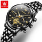 OLEVS Luxury Flywheel Design Couple Wristwatch Chronograph Waterproof Moon Phase Watch Brand Original Quartz Watch for Men Women