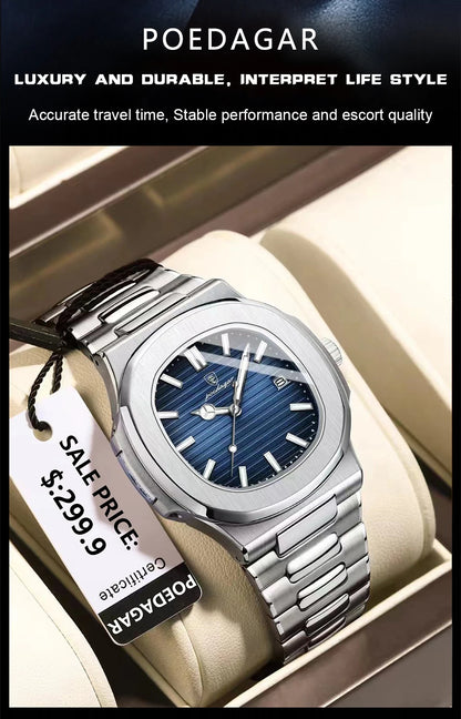 POEDAGAR Luxury Watch For Man Waterproof Luminous Date Men Wristwatch Square Stainless Steel Business Men's Quartz Watches Reloj