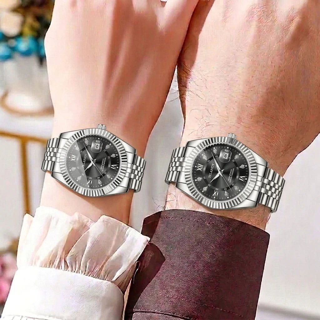 2PCS Fashion Couple's Watches Set Luxury Rhinestone Roma Dial Women Quartz Watch Men Calendar Business Wristwatches（Without Box）