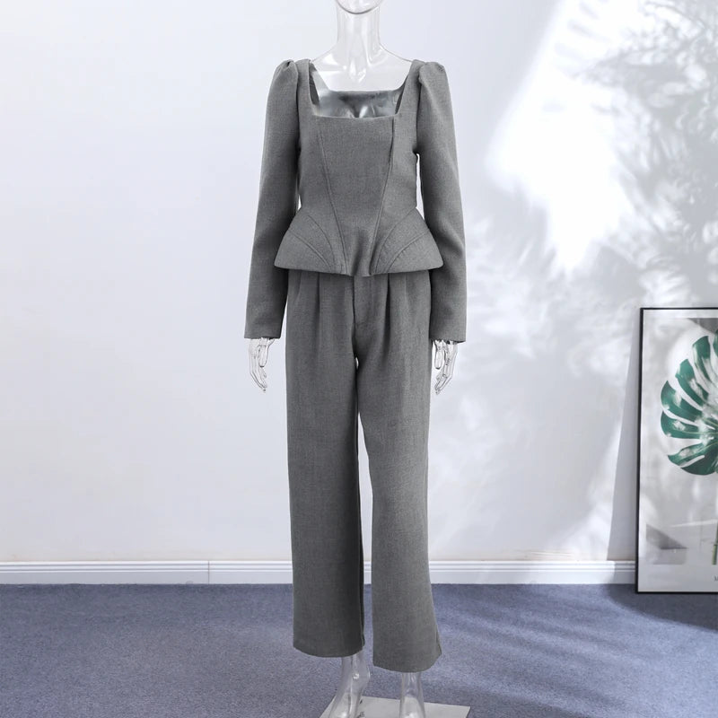 Casual Solid Woolen Top Pants Set Women Puff Full Sleeve Closed Waist Blouse Straight Trousers Sets 2026 Autumn Winter Lady Suit