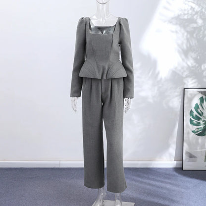 Casual Solid Woolen Top Pants Set Women Puff Full Sleeve Closed Waist Blouse Straight Trousers Sets 2026 Autumn Winter Lady Suit