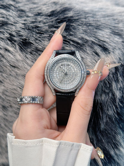 WIILAA Luxury Women's Crystal Quartz Watch - Full Baguette Rhinestone Dial Black Leather Strap Ladies Fashion Wristwatch for Par