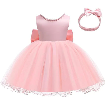 Infant Baby Tulle Backless Pageant Wedding Party Flower Girls Big Bow Dress With Headwear For Toddler Baptism Birthday Prom Gown