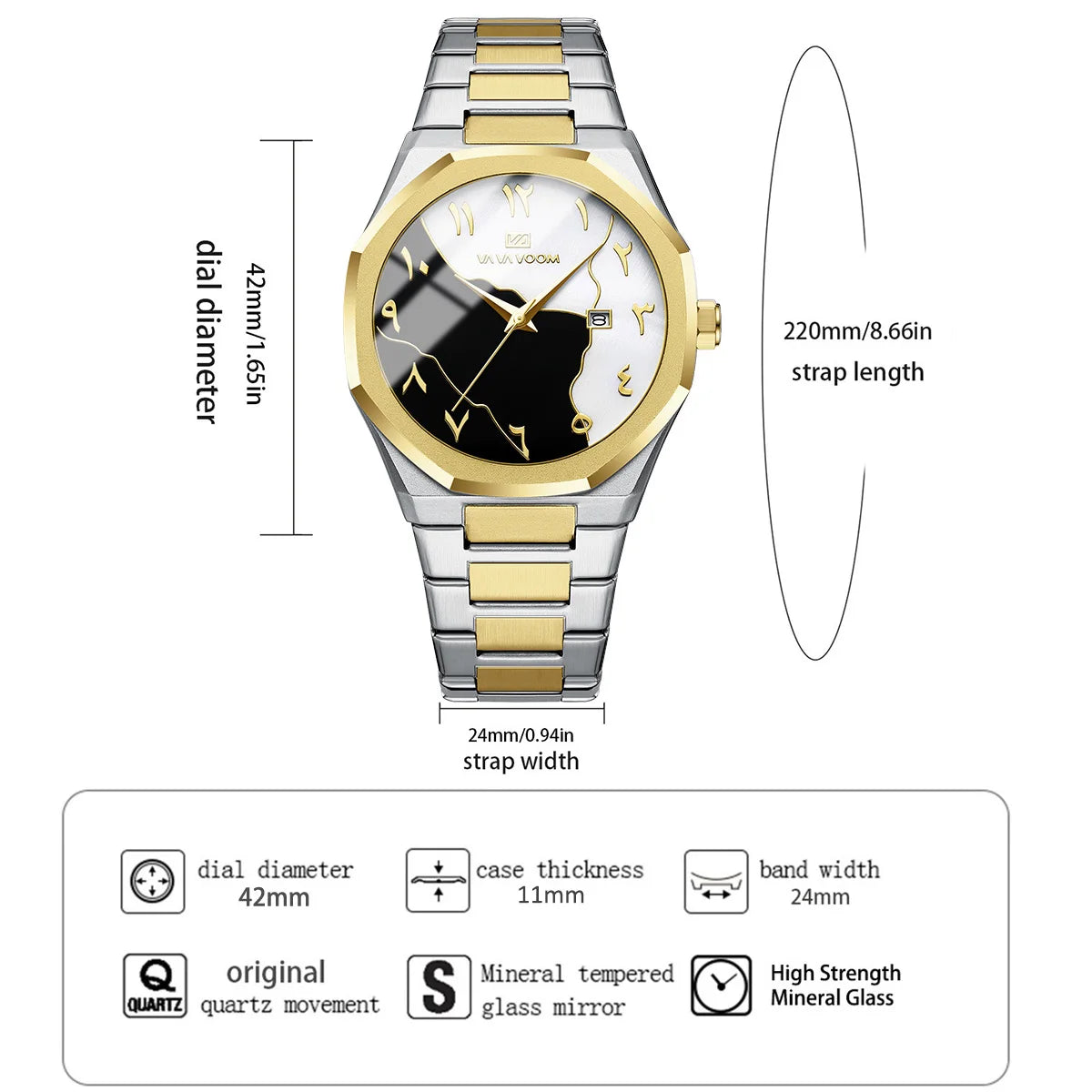 Top Brand Men Watch Marble Dial 42mm Arabic Scale Clock Silver Stainless Steel Quartz Movement Sports Business Wristatch for Men