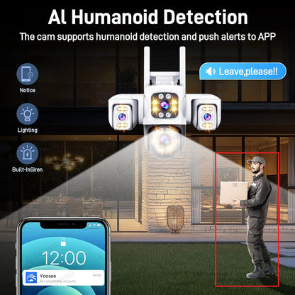 Yoosee 15MP WIFI Security Camera Outdoor AI Human Tracking 3 Lens 3 Screens 360° PTZ Surveillance Full Color Night Vision CCTV