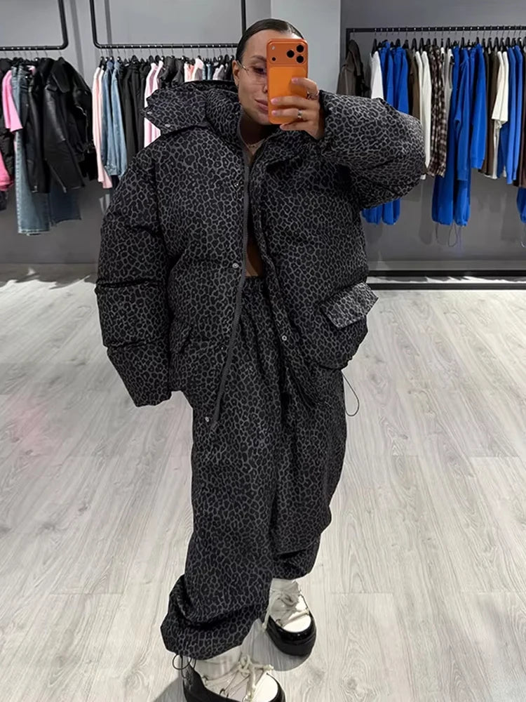 Stripe Women's Padded Cotton Coats Pant Suit Hooded Zipper Puffer Coat Loose Thick Pants 2026 Fashion Lady Autumn Winter Ski Set