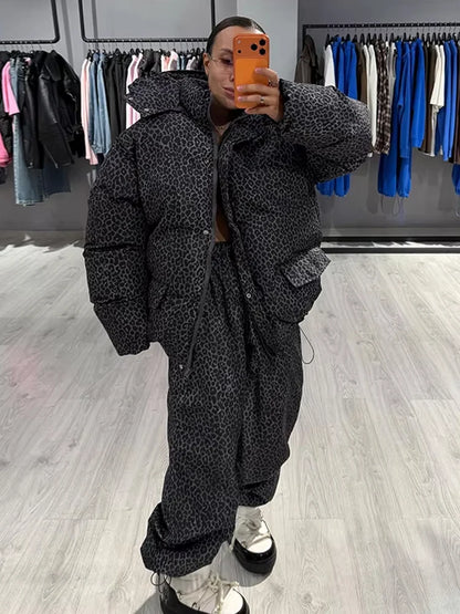 Stripe Women's Padded Cotton Coats Pant Suit Hooded Zipper Puffer Coat Loose Thick Pants 2026 Fashion Lady Autumn Winter Ski Set
