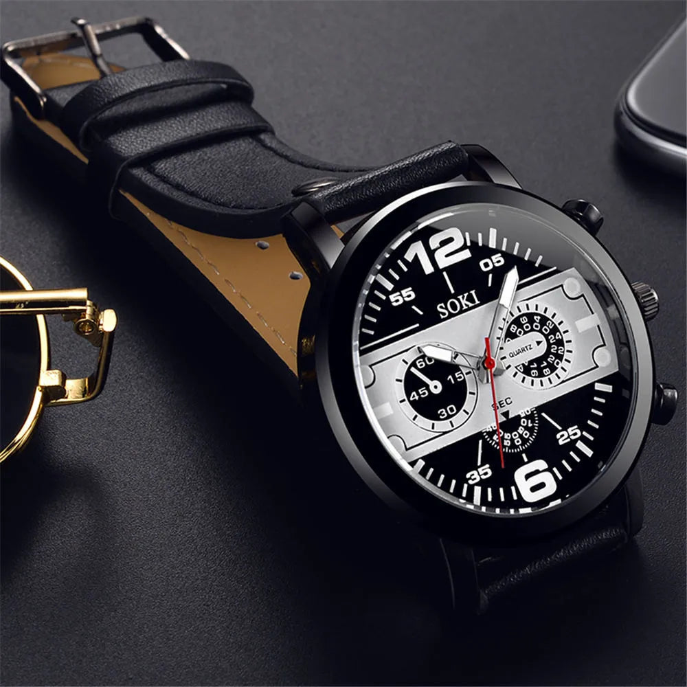 Sleek Men’s Watch Chic Brown Leather Band Quartz Watch Modern Black White Orange Three Eye Contrast Color Chronograph Wristwatch