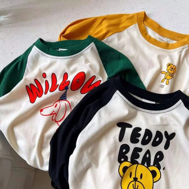 1-7y Toddler Infant Spring Autumn Tops Cartoon Printed Tees For Baby Girl Boy Long-Sleeved Casual Costume Fashion Patchwork Tees