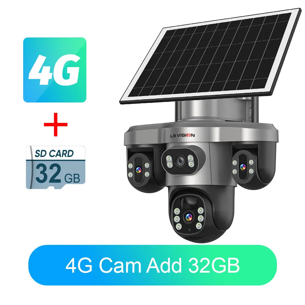 LS VISION Wireless WiFi Solar Camera Three Lens Three Screen 4G Sim Card Solar Cam Human Detection Outdoor Solar Surveillance