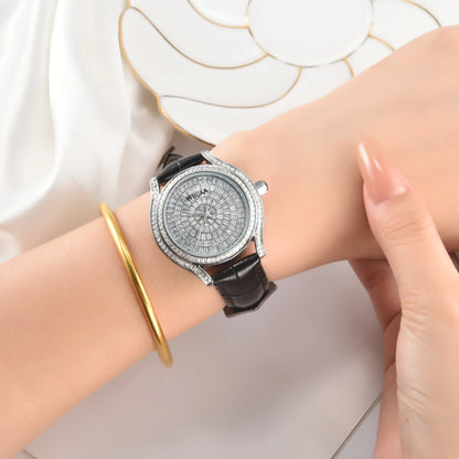 WIILAA Luxury Women's Crystal Quartz Watch - Full Baguette Rhinestone Dial Black Leather Strap Ladies Fashion Wristwatch for Par
