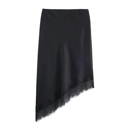 BSAY Lace Asymmetry Satin Texture Skirt Women Fashion Autumn Winter New Solid Chic Female High Waist Elegant Skirts Mujer