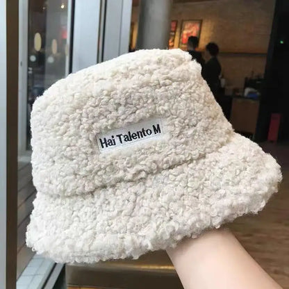 Warm Embroidered Hat Soft Lambswool Bucket Hat For Women Men Winter Warm Knitted Beanie Cap Soft Warm Thick Fisherman Hat