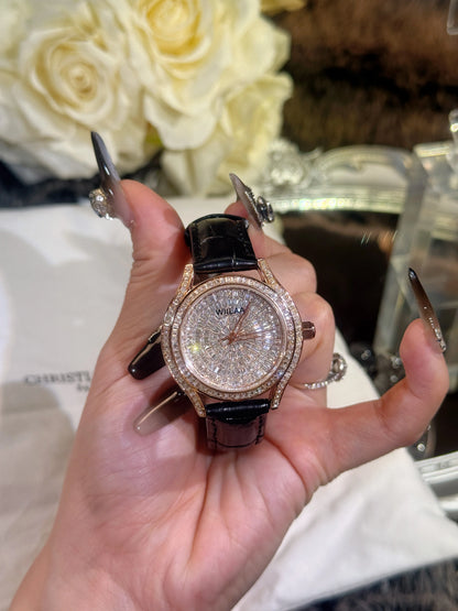 WIILAA Luxury Women's Crystal Quartz Watch - Full Baguette Rhinestone Dial Black Leather Strap Ladies Fashion Wristwatch for Par