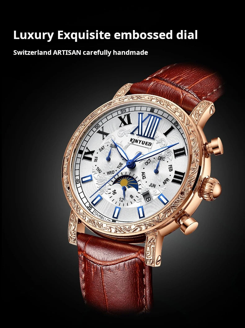 KINYUED Brand Luxury Men's Moon Phase Automatic Mechanical Watch Leather Strap Waterproof Week Date Casual Dress Wrist Watches