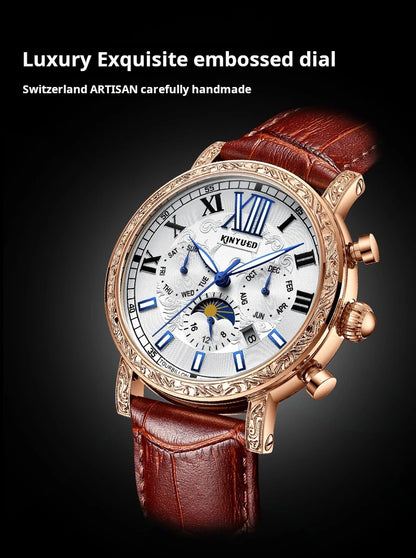 KINYUED Brand Luxury Men's Moon Phase Automatic Mechanical Watch Leather Strap Waterproof Week Date Casual Dress Wrist Watches