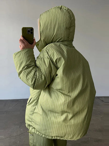 Street Striped Women's Cotton Coat Trouser Suits Hooded Zippers  Autumn Winter Thicken Lady Set 2026 Chic Female Outfits