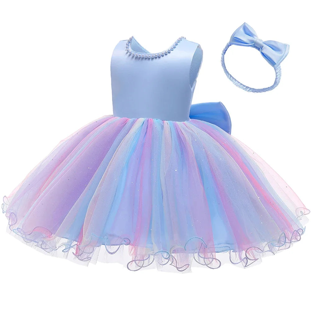 Infant Baby Tulle Backless Pageant Wedding Party Flower Girls Big Bow Dress With Headwear For Toddler Baptism Birthday Prom Gown