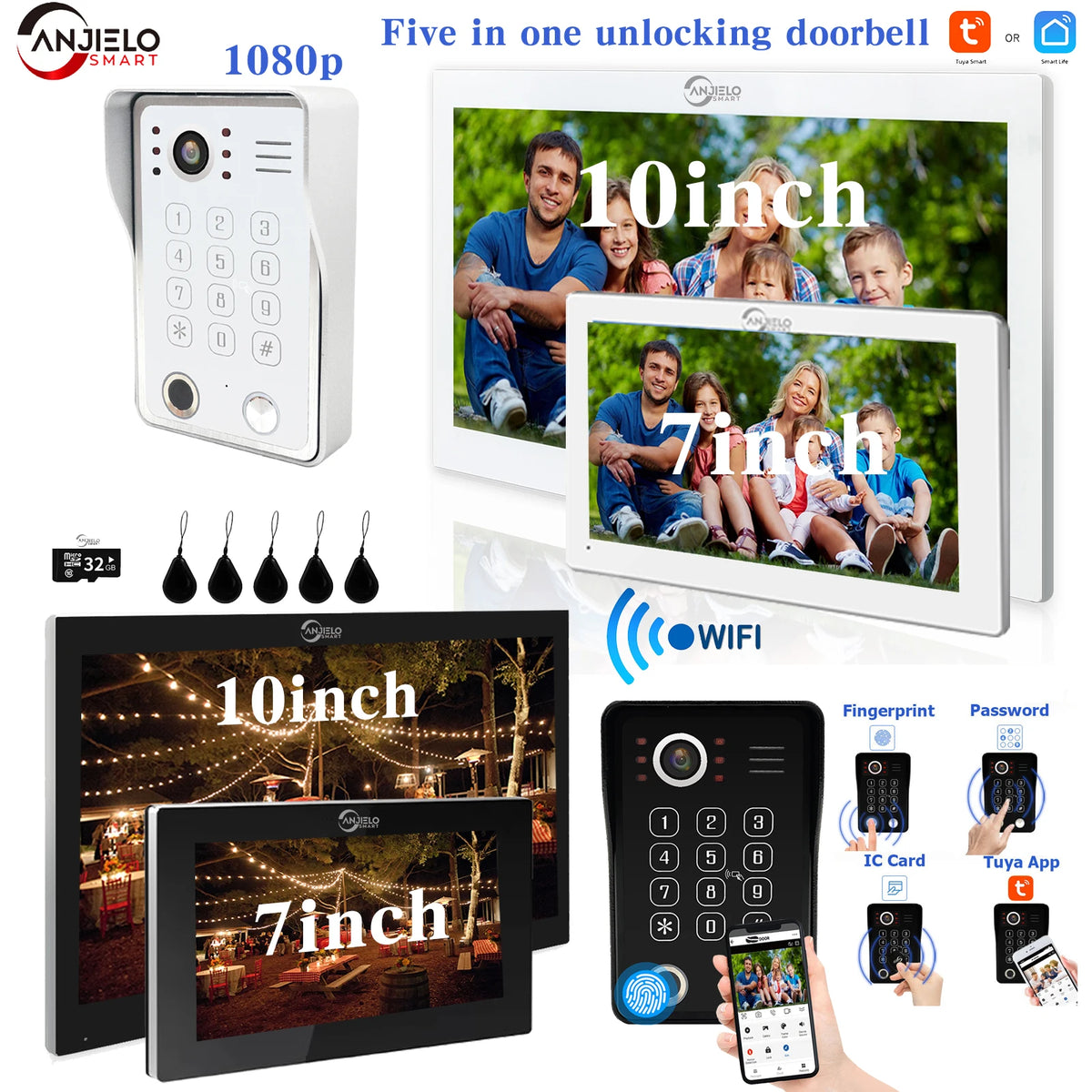 ANJIELO Tuya WiFi 5-in-1 Fingerprint Unlocking Video Intercom System, Suitable For Homes, With 1080P HD Security Protection