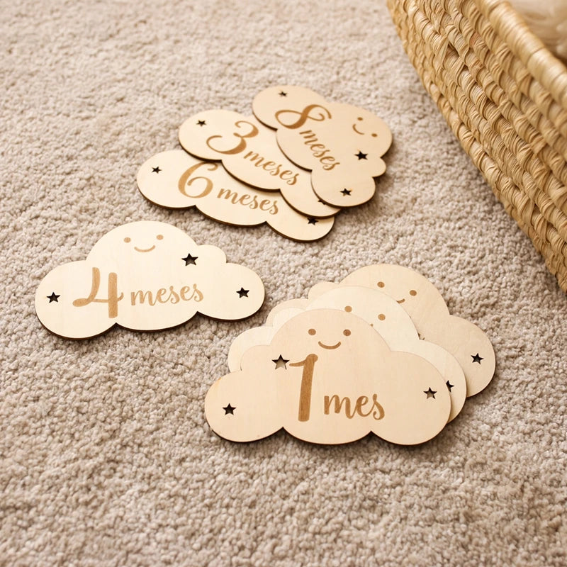 Spanish Alphabet Baby  Wooden Milestone Number Month Memorial Cards Items Cute Cloud Shape Newborn Photography Accessories Props