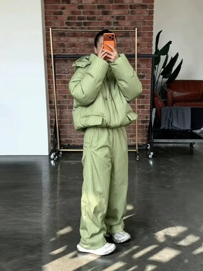 Stripe Women's Padded Cotton Coats Pant Suit Hooded Zipper Puffer Coat Loose Thick Pants 2026 Fashion Lady Autumn Winter Ski Set