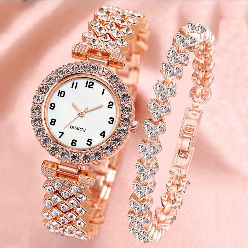 2PCS Luxury Rhinestone Women Watch Bracelet Set Fashion Ladies Quartz Wristwatches Relogio Feminino Reloj Mujer