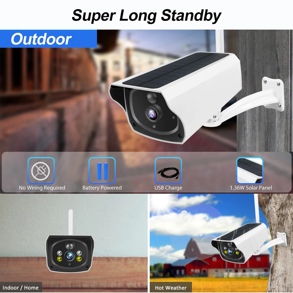 Wireless Solar Bullet Camera Outdoor WiFi 1080P 4x Zoom CCTV Surveillance IP Cam Home Security Protection Battery PIR Detection