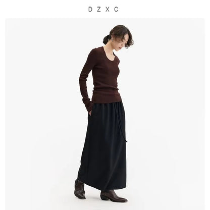 Elastic Waist 100% Wool Skirt, Women's High-Waisted Mid-Length Skirt, New Style for Autumn and Winter 2026