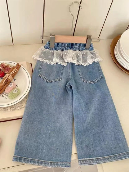 Girls Stitching Lace Denim Pants 2025New Spring Embroidered Bow Jeans Children Clothes Kids Straight Legged Pants Loose Trousers