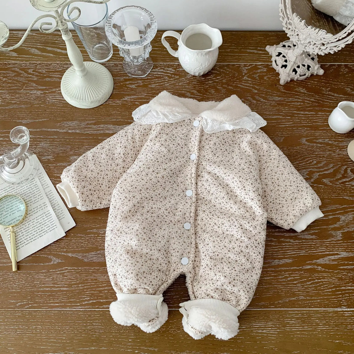 Korean Baby Cotton Jumpsuit Thickened Hooded Romper Plush Warm Autumn Winter Newborn Clothes Floral Princess Bodysuit Ropa Bebe