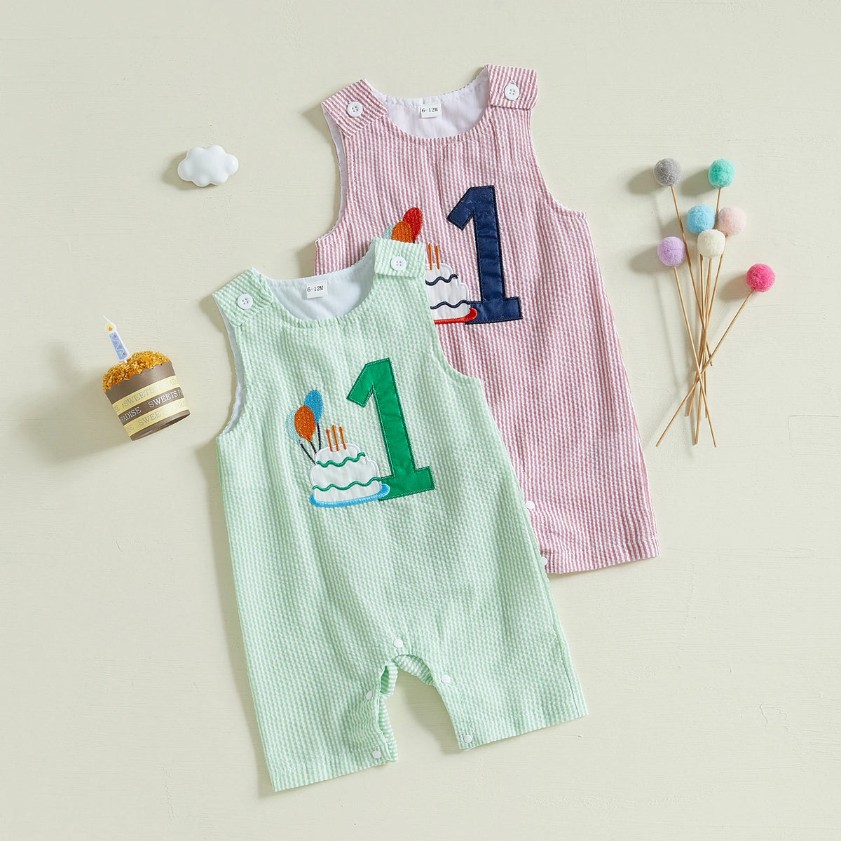 FOCUSNORM 3 Colors 0-18M Lovely Baby Boys Overalls Romper Sleeveless Letter Embroidery Cake Striped Birthday Jumpsuits