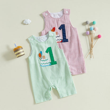 FOCUSNORM 3 Colors 0-18M Lovely Baby Boys Overalls Romper Sleeveless Letter Embroidery Cake Striped Birthday Jumpsuits
