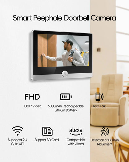 Jeatone Alexa Tuya Smart WiFi Video Peephole 1080P/158° Doorbell Camera For Home 4.3" LCD Screen 24H PIR Movement Detection Eye