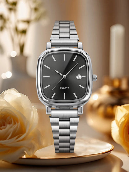 Couple Watches for Men and Women; Quartz Watches with Stainless Steel Bands and Calendar; Christmas Gift.