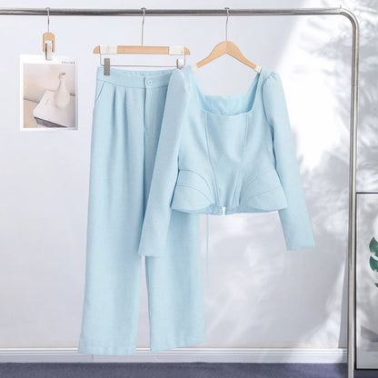 Casual Solid Woolen Top Pants Set Women Puff Full Sleeve Closed Waist Blouse Straight Trousers Sets 2026 Autumn Winter Lady Suit