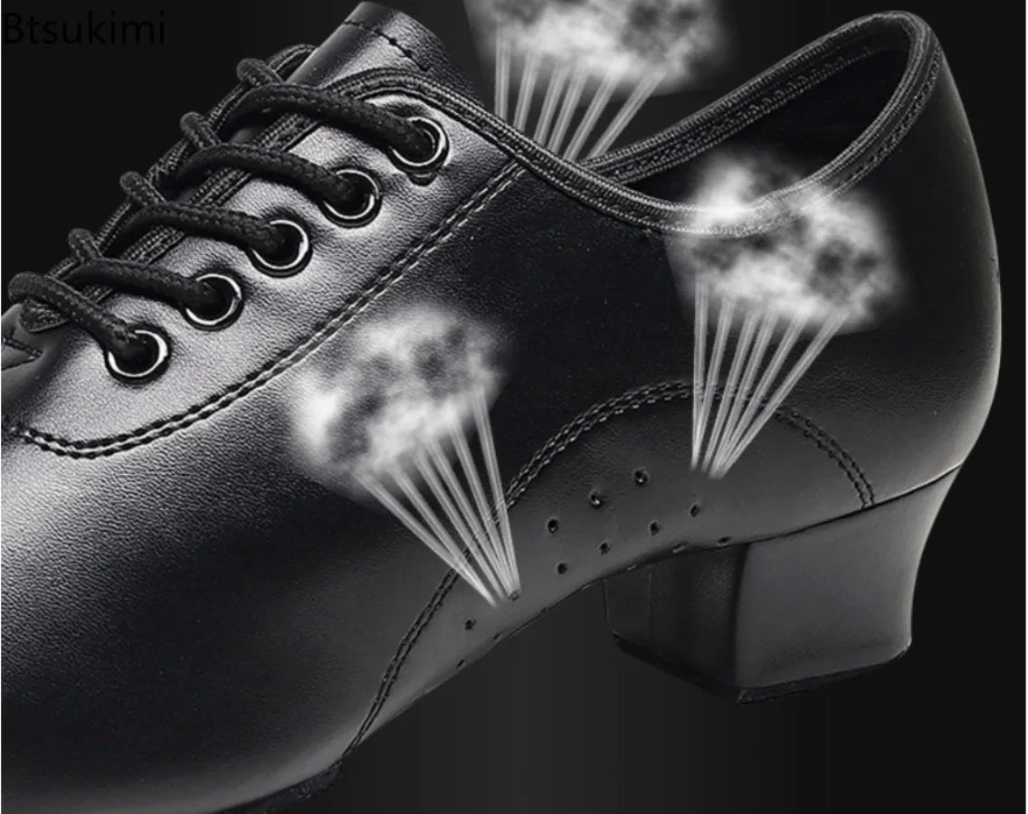Children Latin Dance Shoes Boy Men Professional Leather Latin Shoes Black Soft Sole Kids Low-heeled Social Modern Dance Shoes
