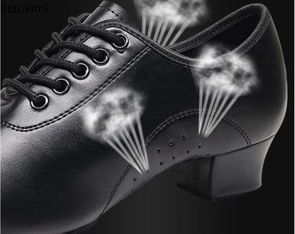 Children Latin Dance Shoes Boy Men Professional Leather Latin Shoes Black Soft Sole Kids Low-heeled Social Modern Dance Shoes