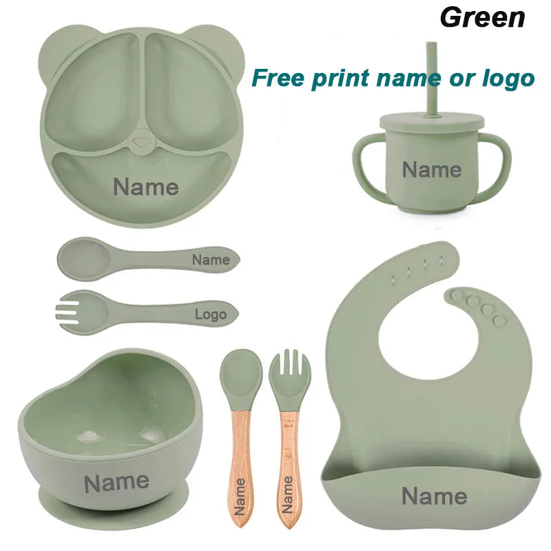 Feeding Set Silicone For Baby Sucker Bowl Dishes Plate For Kids Bear Plate Set Baby Tableware Children's Cup With Straw 8Pcs